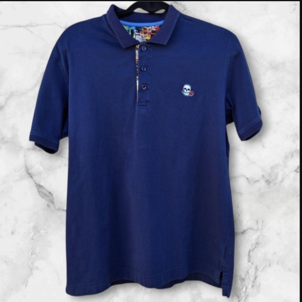 Robert Graham Embroidered Skull with Rose Navy Cotton Polo Shirt  Men Size Large